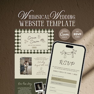 May include: A wedding website template with a whimsical design. The template includes a website layout, RSVP form, and the text "Grace & Simon are getting married!" The RSVP form is displayed on a smartphone.
