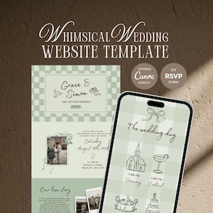 Pode incluir: Um modelo de site com um tema de casamento caprichoso. O design apresenta um padrão xadrez verde claro e branco. O modelo inclui seções para os nomes do casal, detalhes do casamento e uma linha do tempo. O texto "Grace & Simon" é exibido.