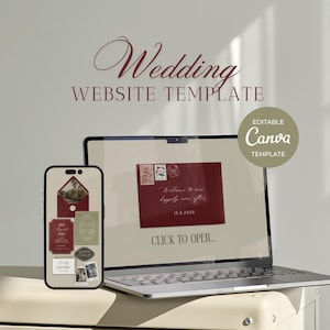 Plantilla web para bodas en tonos burdeos y verde salvia con música reproducible: Diseño editable en Canva (Descarga digital)