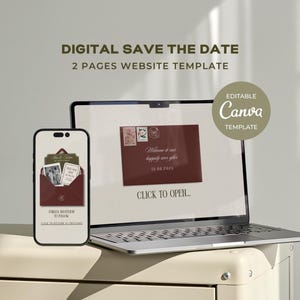 May include: A digital wedding invitation template is displayed on a laptop and smartphone. The laptop screen shows a burgundy envelope design with the text "Welcome to our happily ever after." The phone displays a similar design. The text "DIGITAL SAVE THE DATE" is at the top.