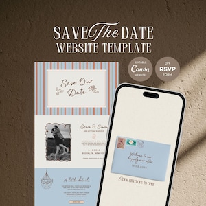 Puede incluir: Una plantilla de sitio web digital Save the Date con un diseño de rayas azules y naranjas, una fotografía en blanco y negro de una pareja y un teléfono inteligente que muestra un sobre azul claro con el texto Welcome to our happily ever after.