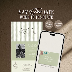 May include: A digital Save the Date website template featuring a sage green and white striped design, a black and white photograph, and a graphic of a chandelier. A smartphone displays an interactive envelope graphic with the text Click envelope to open.
