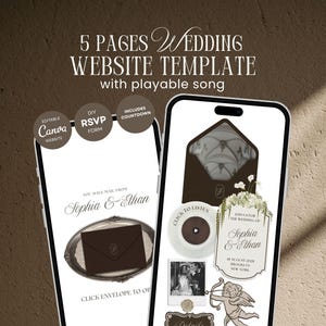 Op de afbeelding: Een 5-pagina trouwwebsite-sjabloon weergegeven op twee smartphones. De schermen tonen bewerkbare Canva-ontwerpen met een bruine envelop, een afspeelbare songknop, een afteltimer, een RSVP-formulier en de tekst Sophia & Ethan.