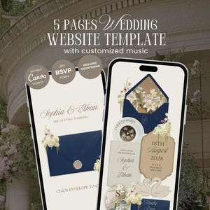 Puede incluir: Una plantilla de sitio web de bodas de 5 páginas en dos teléfonos inteligentes. Las pantallas muestran diseños editables de Canva con sobres azul marino, gráficos florales, una cuenta regresiva y el texto Sophia & Ethan se casan el 18 de agosto de 2028.