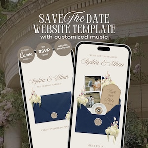 Könnte beinhalten: Eine digitale Save-the-Date-Website-Vorlage für Mobilgeräte mit einem marineblauen Umschlag mit Wachssiegel, floralen Akzenten und anpassbarem Text, einschließlich Sophia & Ethan, RSVP-Formular und Countdown-Optionen auf cremefarbenem Grund.