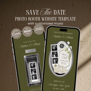 Könnte beinhalten: Zwei Smartphones zeigen eine Save The Date Fotobox-Website-Vorlage in Olivgrün. Die Bildschirme enthalten Text wie Sophia & Ethan, Save our Date 18.08.2028, Brooklyn, New York und Fotostreifen. Runde Abzeichen weisen auf bearbeitbare Canva-Website, DIY-RSVP-Formular und Countdown hin.