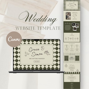 Puede incluir: Un portátil que muestra una plantilla de sitio web de boda con un diseño a cuadros verde y crema. El texto "Wedding WEBSITE TEMPLATE" está encima del portátil. El sitio web presenta los nombres "Grace & Simon" y las palabras "ARE GETTING MARRIED!"