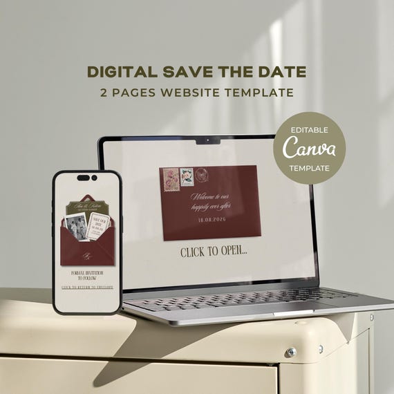 Burgundy Save The Date Website Template: Canva Invitation Template (Digital Download)