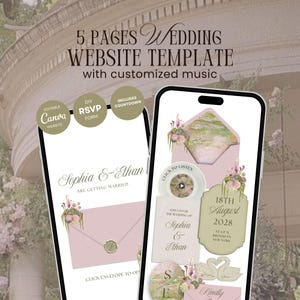 May include: A 5-page wedding website template displayed on two smartphones, featuring editable Canva designs, a DIY RSVP form, and a countdown. The interface includes pink envelopes, floral illustrations, and text reading Sophia & Ethan.