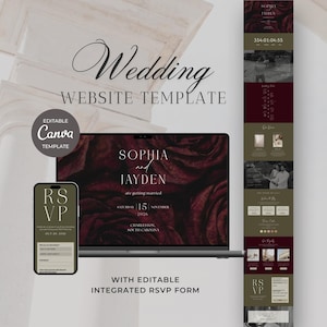 Könnte beinhalten: Eine Hochzeit Website-Vorlage, die auf einem Laptop, Smartphone und einem vertikalen Layout angezeigt wird. Das Design zeigt einen burgunderfarbenen floralen Hintergrund mit den Namen "Sophia und Jayden" und Hochzeitsdetails. Die Vorlage enthält eine bearbeitbare Canva-Option und ein integriertes RSVP-Formular.