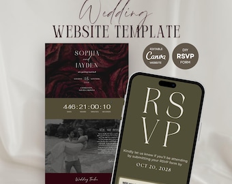 Burgundy and Sage Wedding Website Template: Editable Canva Template (Digital Download)