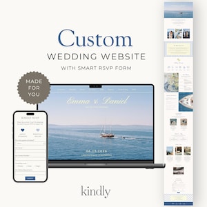 Peut inclure: Conception de site web de mariage personnalisé avec formulaire RSVP intelligent. L'image présente un ordinateur portable et un smartphone affichant l'interface du site web. Le site web présente un paysage marin avec un voilier, les noms "Emma & Daniel" et la date "06.18.2026".