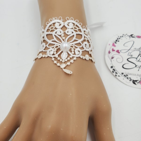 off white and champagne lace bracelets with pearls