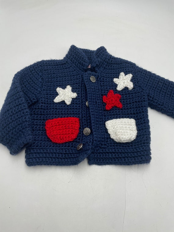 Hand Knit Kids Navy Sweater with Red and White Stars. Retro Fashion.