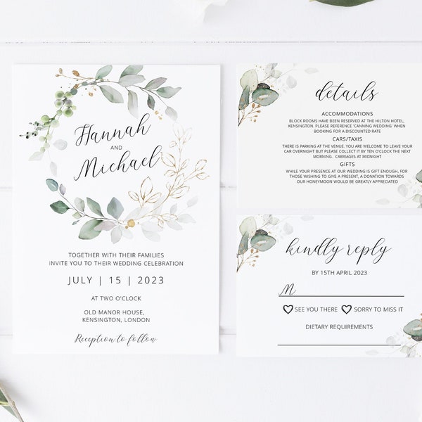 Greenery Boho Wedding Invitation Template Set, Printable Wedding Invite with RSVP, INSTANT DOWNLOAD, N01