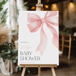 Pink Bow Baby Shower Welcome Sign, Pink Coquette Baby Shower Sign, Pink Girl Baby Shower, Printable & Editable Template #LC42