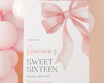 Puede incluir: Un cartel blanco con un lazo rosa de acuarela en la parte superior. El cartel dice "Bienvenido a Gemma's Sweet Sixteen, Sábado 16 de abril, ¡Gracias por venir!"