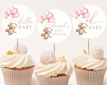 Editable Cupcake Toppers | Pink Bear Theme Baby Shower Template #LC10