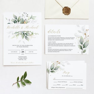 Greenery Wedding Invitation Template Set, Boho Wedding Invite with RSVP, Printable Template, DIGITAL DOWNLOAD #N02