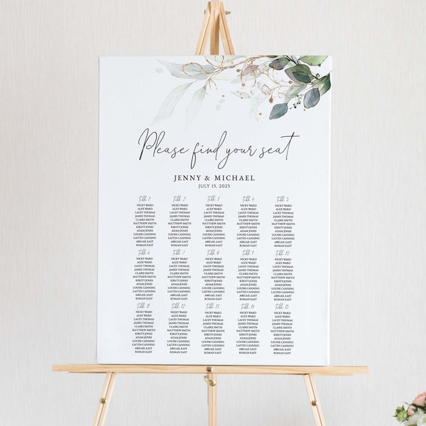 Greenery Wedding Seating Chart, Printable Table Seating Chart, Eucalyptus Seating Chart Template, INSTANT DOWNLOAD #N05 KATE