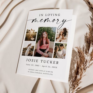 Op de afbeelding: Een zwart-witte herdenkingskaart met een fotocollage en de tekst "IN LOVING memory JOSIE TUCKER June 22, 1985 - April 22, 20XX SUNDAY, MAY 12TH AT 12:00 PM St Jobes Cathedral, AUSTIN (TX)"