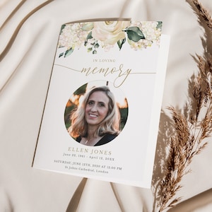 Floral Funeral Program Template | Foldable Funeral Memorial Program | White Green Flowers Editable Order of Service | INSTANT DOWNLOAD #GR7