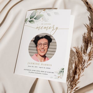 Greenery Funeral Program Template | Editable Memorial Order of Service | Green & Gold Celebration of Life | Instant Download #GR1
