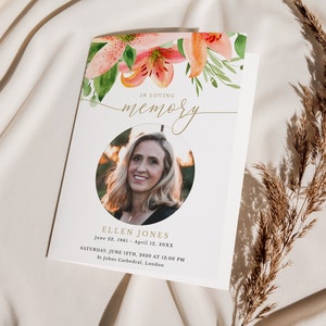 Floral Funeral Program Template | Foldable Funeral Memorial Program | Orange Flowers Editable Order of Service | INSTANT DOWNLOAD #GR10