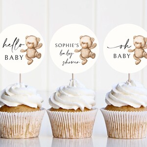 Editable Cupcake Toppers Template | Gender Neutral Bear Theme Baby Shower #LC03