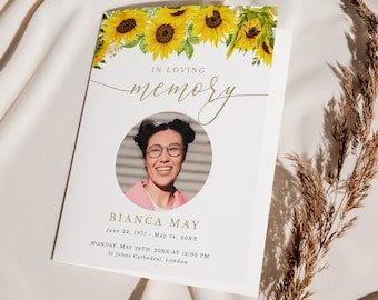 Sunflower Funeral Program Template | Editable Foldable Funeral Memorial Program | Yellow Floral Order of Service | INSTANT DOWNLOAD #GR2