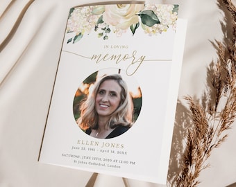 Floral Funeral Program Template | Foldable Funeral Memorial Program | White Green Flowers Editable Order of Service | INSTANT DOWNLOAD #GR7