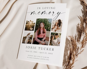 Minimal Funeral Program Template, Editable Foldable Funeral Memorial Program, Photo Collage White Order of Service, INSTANT DOWNLOAD #GR15