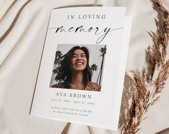 Minimal Funeral Program Template, Editable Foldable Funeral Memorial Program, Modern Black & White Order of Service, INSTANT DOWNLOAD #GR14