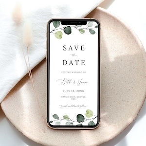 Electronic Save The Date Text Invite, Eucalyptus Save The Date Template, Greenery Save The Date Phone Template, INSTANT DOWNLOAD #N04