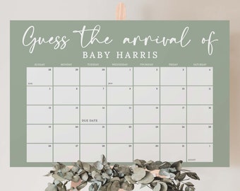 Puede incluir: Un juego de baby shower imprimible verde y blanco con el texto "Adivina la llegada de Baby Harris" y un calendario con los días de la semana y los números del 28 al 31.