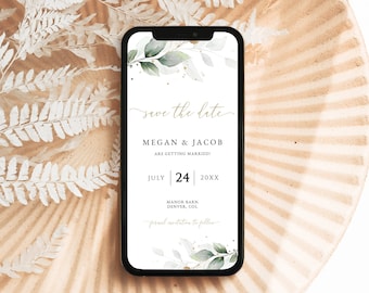 Invitación electrónica a guardar la fecha, plantilla de teléfono para guardar la fecha de eucalipto, texto para guardar la fecha de boda verde, DESCARGA DIGITAL #N03 ROSE