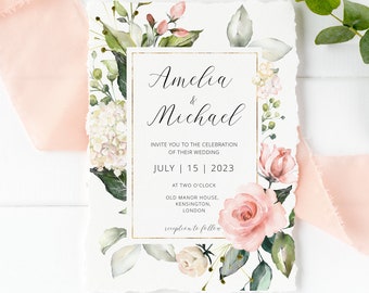 Blush Pink Wedding Invitation Template, Floral Boho Wedding Invite, Printable Template, INSTANT DOWNLOAD #I08 ISLA