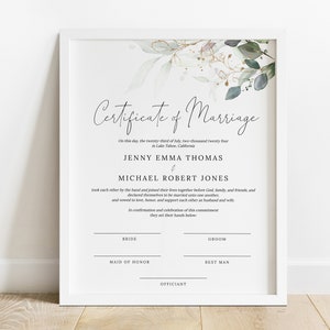 Greenery Eucalyptus Printable Marriage Certificate Template #N05