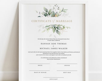 Plantilla imprimible de certificado de matrimonio con vegetación n.° N02