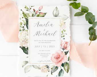 Blush Pink Floral Boho Wedding Invitation Template – Printable Invite #I08