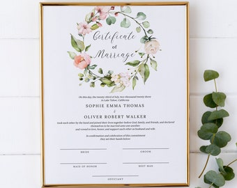 Floral Wreath Wedding Certificate Template, Printable Marriage Keepsake Template, INSTANT DOWNLOAD #I02