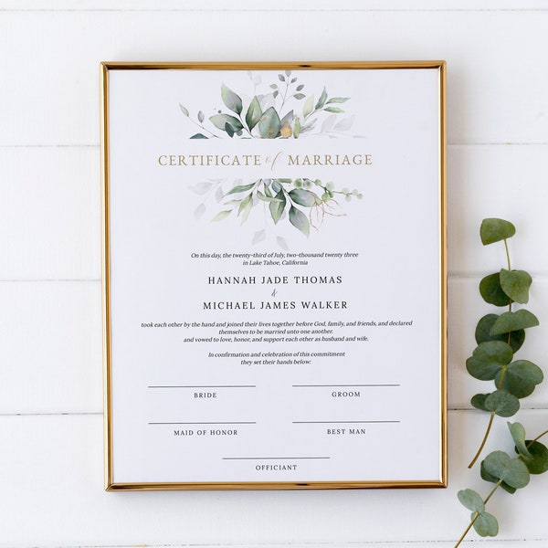 Greenery Printable Marriage Certificate Template #N02