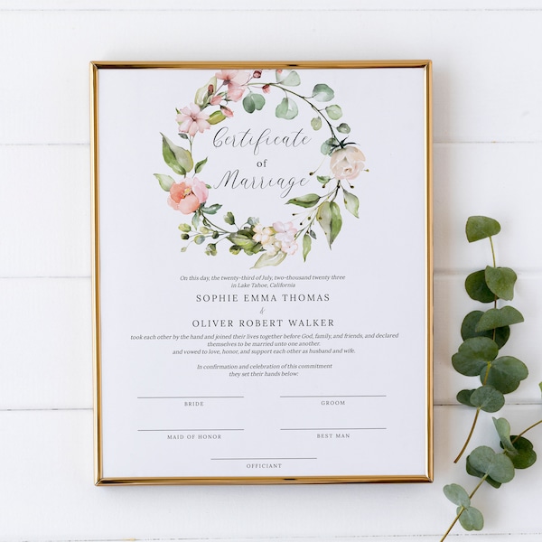 Floral Wreath Wedding Certificate Template, Printable Marriage Keepsake Template, INSTANT DOWNLOAD #I02