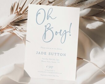 Könnte beinhalten: Eine weiße Babyparty-Einladung mit blauem Text, der "Oh Boy!" lautet. Bitte schließen Sie sich uns an, um JADE SUTTON zu feiern Samstag, 18. Juli, 14:00 Uhr Manor View, Austin, TX RSVP Bitte bis zum 1. Juli antworten 4112134 XXXD.com Registriert bei Amazon Baby Shop