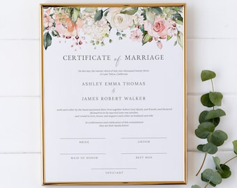 May include: A printable certificate of marriage with a floral design in shades of pink, white, and green. The text reads "Certificate of Marriage" and includes the names Ashley Emma Thomas and James Robert Walker.