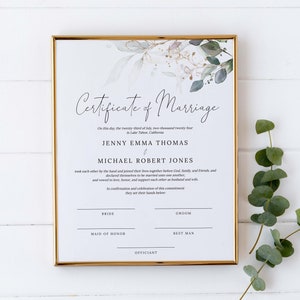 Greenery Eucalyptus Printable Marriage Certificate Template #N05 KATE