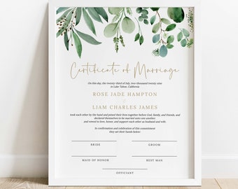 Greenery Marriage Certificate Template | Eucalyptus Printable Wedding Keepsake | INSTANT DOWNLOAD #I25