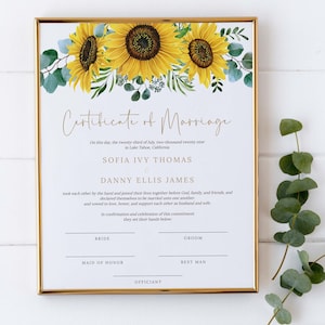 Rustikale Heiratsurkunde Vorlage | Sonnenblume & Eukalyptus Hochzeitsandenken zum Ausdrucken | INSTANT DOWNLOAD #I22