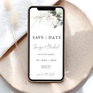 Electronic Save The Date Invite, Eucalyptus Save The Date Phone Template, Greenery Wedding Save The Date Text, DIGITAL DOWNLOAD N05 KATE image 1