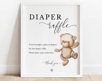Diaper Raffle Sign Printable Template, Bear Theme Baby Shower Sign, Baby Shower Diaper Raffle Editable Template, INSTANT DOWNLOAD #LC03